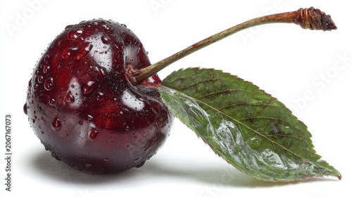 Fresh Red Cherry with Leaf and Droplets