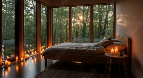 Cozy bedroom with warm lighting and large windows.