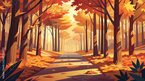 Fotografie Empty path in autumn forest at golden sunset with golden hour landscape sunlight