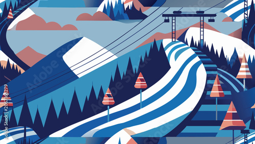 Konstfotografi Flat vector illustration of winter ski resort mountain landscape with ski lift a