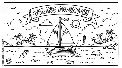Cuadro en lienzo Sailing Adventure on a Sunny Sea with a Bannered Boat and Island Scenery
