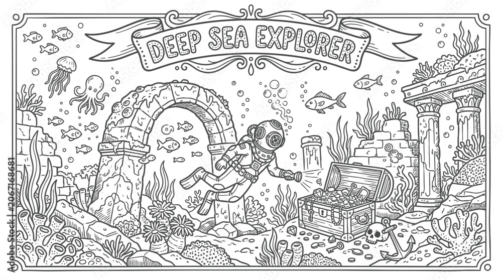 Obraz premium Deep Sea Explorer Adventure Scene With Shipwreck and Coral Reef.