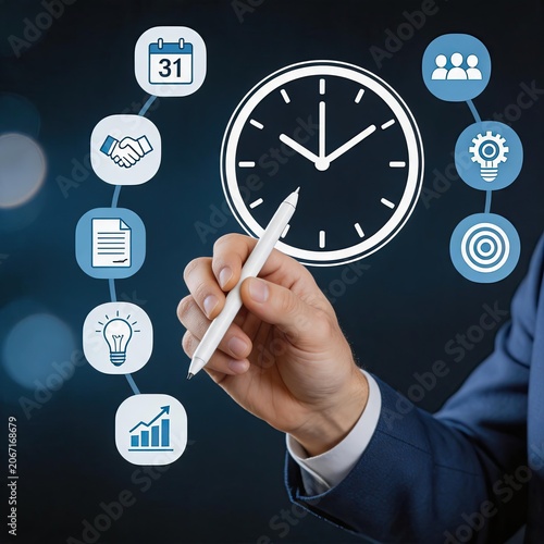 Hand drawing clock icon with business management symbols, time planning and productivity concept for corporate organization and workflow efficiency