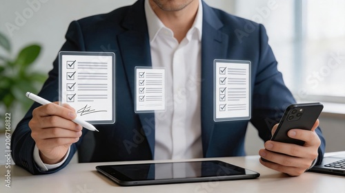 Corporate executive reviewing digital checklists and signing documents virtually, holding smartphone and stylus, remote work efficiency, paperless office solution