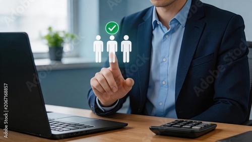 Businessman selecting team member using hologram interface, human resources recruitment, employee selection process, management decision, corporate hiring