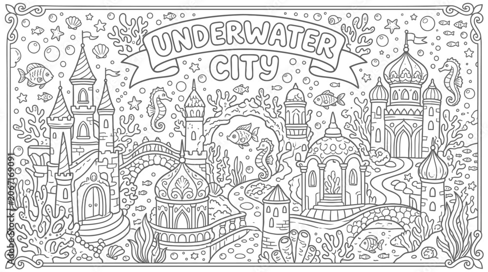 Obraz premium Detailed line drawing of an underwater cityscape illustration.