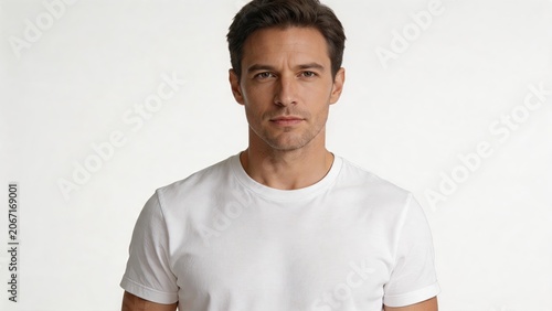 Handsome man portrait wearing white t-shirt, clean background studio shot, fashion and lifestyle concept, male model looking at camera, neutral expression, casual style
