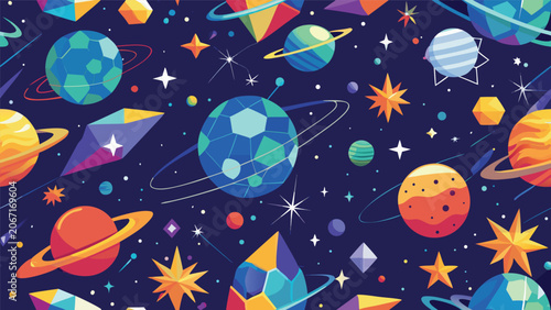 Seamless pattern with planets stars and geometric space elements science fiction seamless geometric astronomy universe background exploration colorful abstract wallpaper celestial infinite