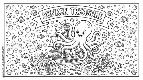 Foto Sunken Treasure Underwater Map Illustration with Octopus, Chest, and Sea Creatures