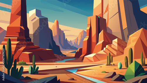 Konstfotografi Low poly desert landscape with canyons and saguaro cactus landscape mountains wi