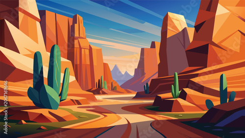 Obraz na plátně Geometric low poly desert canyon with cacti and sand landscape mountains geometr