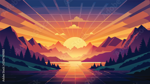 Billede på lærred Stylized vector landscape with sunset over mountain range and forest lake mounta