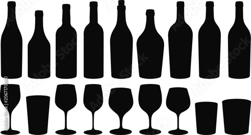 Wine bottle and glass silhouette vector icon set including various glasses isolated on white background