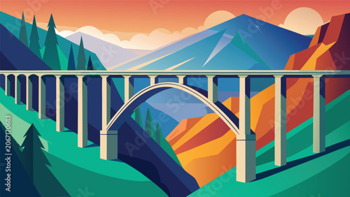 Stylized illustration of a large concrete arch bridge spanning a lush mountain valley landscape with mountain landscape infrastructure engineering architecture construction transportation