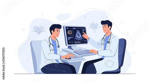 Doctors Analyzing 4D Ultrasound Scan on Computer Screen, Medical Technology and Healthcare Concept