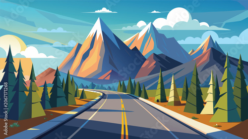 Stylized artistic graphic of a winding road leading to majestic snow capped mountains with mountains landscape adventure illustration perspective background wilderness colorful environment