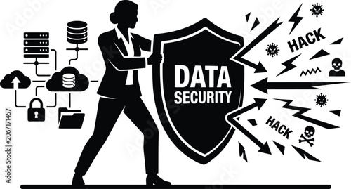 Data Security Vector Silhouette Businesswoman Protecting Cloud Network From Cyber Attack