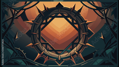Tableau sur toile Circular thorn wreath frame with sharp spikes and dark forest background mythica