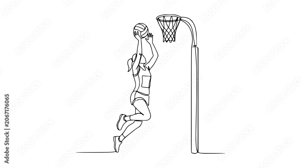 Obraz premium Continuous line drawing of a female netball player jumping to shoot a goal