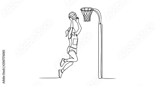 Konstfotografi Continuous line drawing of a female netball player jumping to shoot a goal