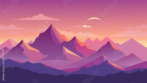 Minimalist vector illustration of purple mountain range at sunset with purple sky mountain landscape illustration background minimalist outdoors adventure climbing wilderness mountains