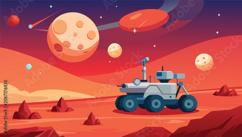Mars rover exploration on alien planet surface with exploration extraterrestrial astronomy discovery technology landscape universe scientific astrobiology spacecraft atmospheric research