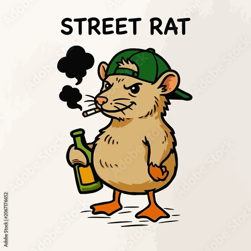 Cartoon rat in green cap smoking.