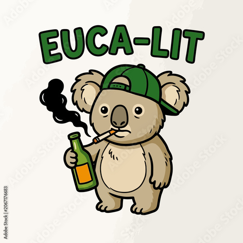 Photography Koala smoking cigarette drinking beer.