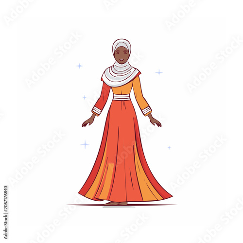 Woman in orange abaya and hijab illustration
