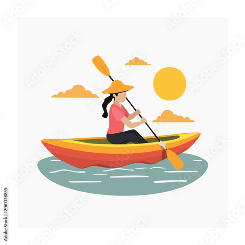 Woman kayaking in flat design illustration