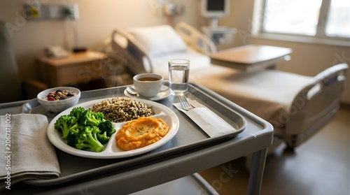 Healthy hospital food tray with steamed broccoli and quinoa in a room