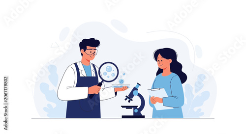 Scientists in Lab Examining Bubbles Under Magnifying Glass Next to Microscope
