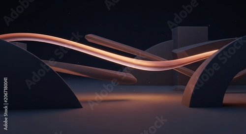 Glowing Orange Light Tube Amidst Dark Geometric Abstract Shapes in a Modern 3d Render