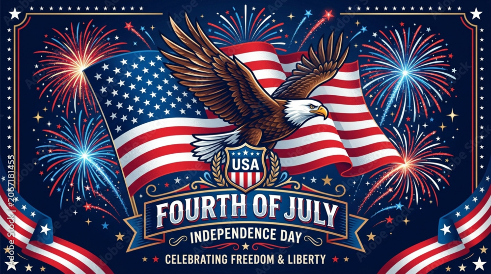 Fototapeta premium American eagle soars with usa flag on fourth of july celebrating freedom