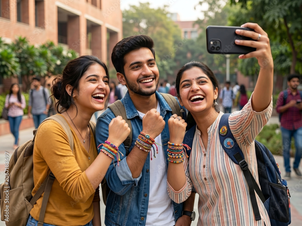 Obraz premium Young Friends Taking Selfie Together During Friendship Day Celebration with Social Media Culture, Youth Lifestyle, College Friendship, Community Connection and Memorable Moments