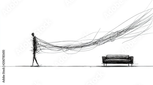 Stylized human figure walks away from an isolated sofa connected by trailing, tangled lines