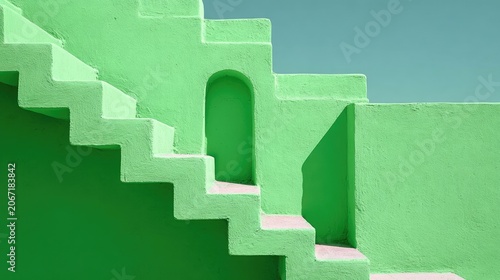 Vibrant lime green exterior staircase ascends against a clear blue sky backdrop
