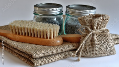 Natural grooming supplies are arranged artfully on a light surface for a classic presentation.