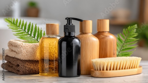 Various personal care products and natural elements are arranged on a light surface for a spa or bath setting.