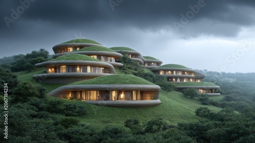 Tiered structures with grass-covered roofs blend organically into a lush, verdant hillside under a moody sky