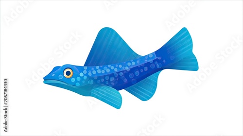 Stylized illustration of a vivid blue aquatic creature with prominent fins swimming against a stark white background
