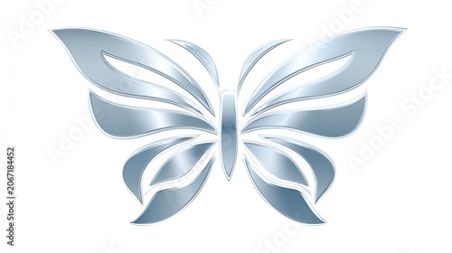 Stylized abstract insect with metallic silver wings featured against a white background