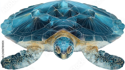 Detailed illustration depicting a sea turtle with a stylized, geometric carapace structure