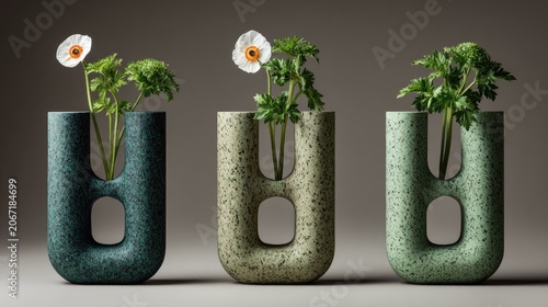Three contemporary, uniquely shaped ceramic containers hold vibrant green foliage and delicate white blossoms