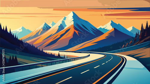Road leading to snow capped mountains digital landscape illustration with mountains landscape wilderness background illustration stylized beautiful panoramic adventure exploration serenity