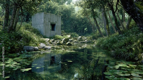 Isolated concrete structure sits beside a lush, overgrown forest stream filled with aquatic foliage