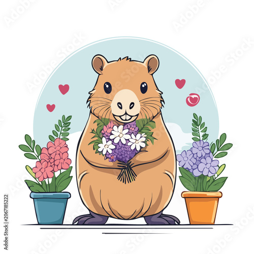 Cute cartoon elephant holding flowers and hearts