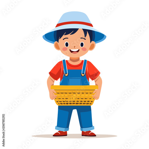 Cartoon boy in overalls holding a basket