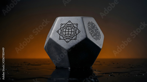 3D dodecahedron with AI and connectivity icons on dark surface