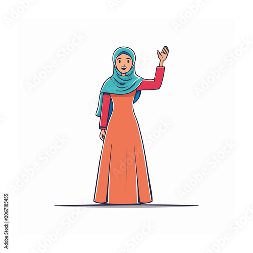 Cartoon woman in hijab and orange dress waving